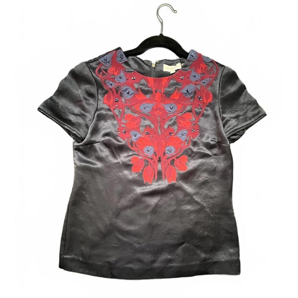 Tori Burch Tia Embroidered Satin Navy‎ Blue Top size 4